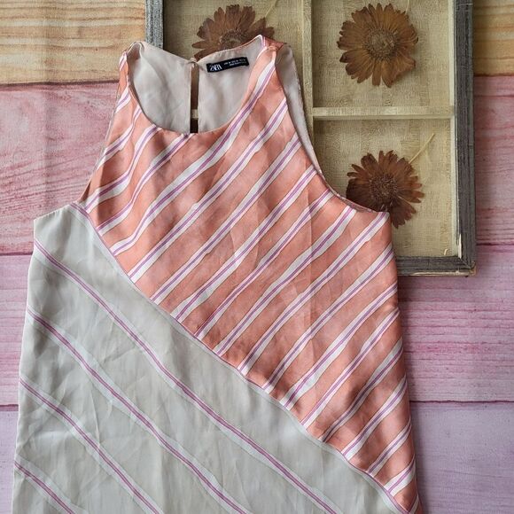 Zara Mixed Print Striped Satin Sleeveless Straight Shift Midi Slip Dress‎ M - Picture 5 of 8